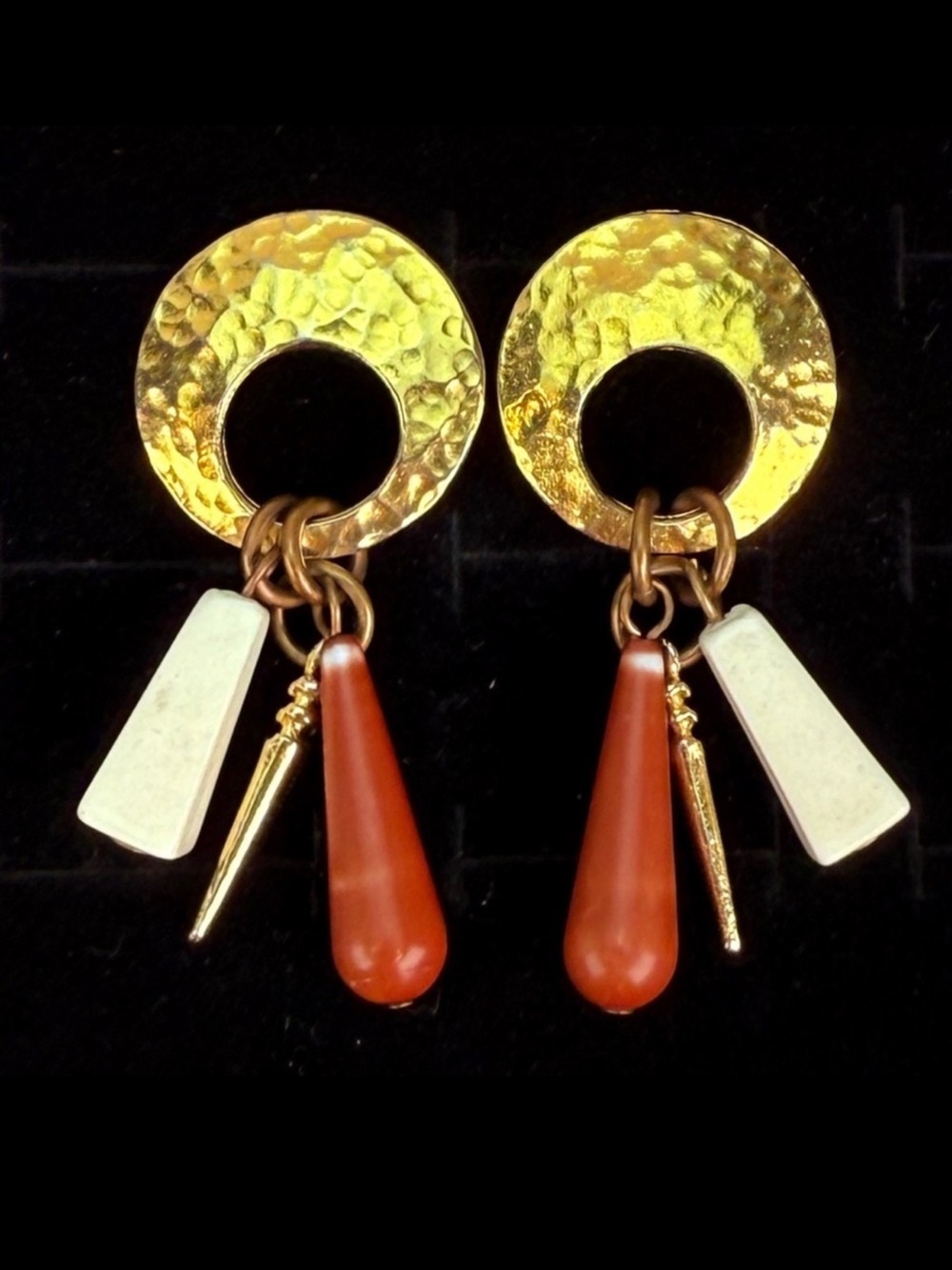 Vintage goldtone, hammered bohemian chic dangle pierced earrings
